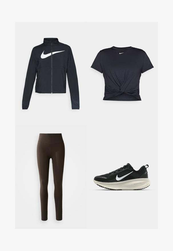 Svart joggebund med hel glidelås, høy krage, lange ermer og stort hvitt Nike swoosh-logo over brystet.; Svart trenings T-skjorte laget av glatt stoff, med en knyttet frontdesign og en liten hvit Nike-logo på brystet.; Brune tights laget av et elastisk materiale med høy midje. Har en jevn tekstur og en figurnær design. Ingen synlige mønstre.; Svart Nike løpesko med pustende mesh-overdel, hvit swoosh-logo, teksturert detaljer og en kremfarget ZoomX mellomsåle.