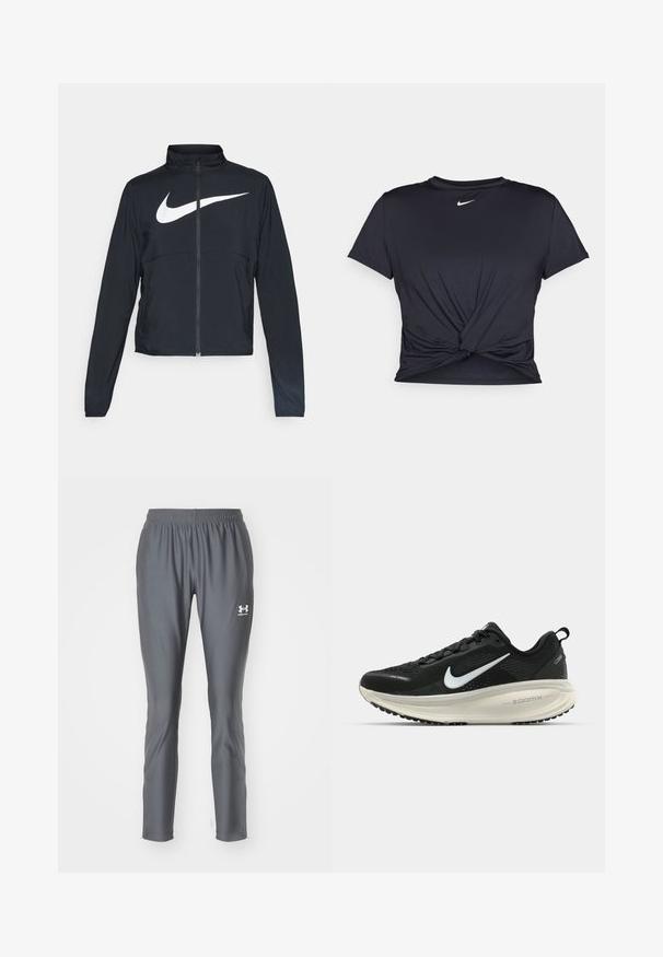 Crna sportska jakna s punim patentnim zatvaračem, visokim ovratnikom, dugim rukavima i velikim bijelim Nike swoosh logom preko grudi.; Crni trenirac s kratkim rukavima izrađen od glatkog materijala, s čvorastim dizajnom sprijeda i malim bijelim Nike logotipom na prsima.; Sive hlače za atletiku izrađene od glatkog, laganog materijala s elastičnom trakom u struku i suženim nogavicama, s malim bijelim logotipom.; Crne Nike trkačke tenisice s prozračnom mrežastom gornjom konstrukcijom, bijelim swoosh logotipom, teksturiranim detaljima i kremastom ZoomX srednjom potplatnom jedinicom.