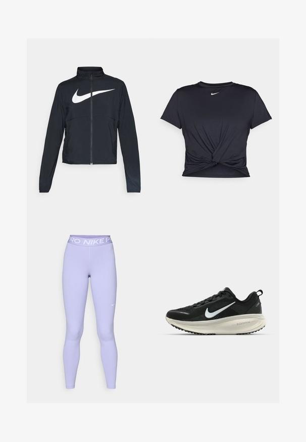 Jachetă sport neagră cu fermoar pe toată lungimea, guler înalt, mâneci lungi și un logo mare alb Nike swoosh pe piept.; Tricou sport negru din material neted, cu un design frontal legat și un mic logo Nike alb pe piept.; Leggings de culoare violet deschis, cu un stil ajustat. Talie prevăzută cu textul alb "PRO NIKE". Material neted, cu cusături minime și design elegant.; Pantofii de alergare negri de la Nike, cu parte superioară din plasă respirabilă, logo-ul alb Swoosh, detalii texturate și o talpă intermediară ZoomX de culoare crem.