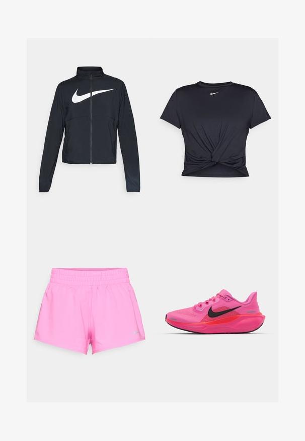 Musta urheilutakki, jossa on täysivetoketju, korkea kaulus, pitkät hihat ja suuri valkoinen Nike-tikkauksella rintaosa.; Musta urheilu T-paita, joka on valmistettu sileästä kankaasta, jossa on solmittu etuosa ja pieni valkoinen Nike-logo rinnassa.; Kirkas vaaleanpunaiset urheilushortsit joustavalla vyötärönauhalla ja pieni harmaa Nike-logo vasemmassa alakulmassa valkoista taustaa vasten.; Nike Performance AIR ZOOM PEGASUS 41 - Katujuoksukengät - playful pink/off noir/hyper pink/bright crimson/metallic silver