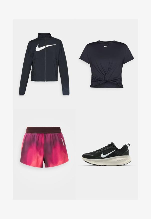 Schwarze Sportjacke mit vollem Reißverschluss, hohem Kragen, langen Ärmeln und großem weißen Nike-Swoosh-Logo auf der Brust.; Schwarzes Sport-T-Shirt aus glattem Stoff, mit einem geknoteten Vorderdesign und einem kleinen weißen Nike-Logo auf der Brust.; Sportliche Shorts in einem pinken und lila Farbverlauf mit einem elastischen Bund, glatter Textur und einem Etikett an der Seite. Die Shorts haben eine lockere Passform.; Schwarzer Nike-Laufschuh mit atmungsaktivem Mesh-Obermaterial, weißem Swoosh-Logo, strukturierten Details und einer cremefarbenen ZoomX-Zwischensohle.