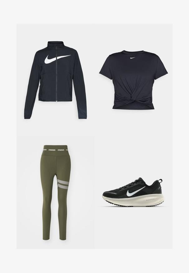 Casaco desportivo preto com fecho éclair completo, gola alta, mangas longas e grande logótipo branco da Nike na parte frontal.; T-shirt atlético preto feito de tecido liso, apresentando um design frontal com nó e um pequeno logótipo branco da Nike no peito.; Leggings verde oliva feitos de um tecido elástico, apresentando uma cinta alta com o texto "STRONGER" e três riscas em malha horizontais na coxa.; Sapatilha de corrida Nike preta com parte superior de malha respirável, logotipo Swoosh branco, detalhes texturizados e uma entressola ZoomX na cor creme.
