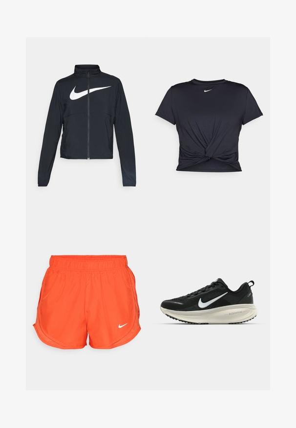 Black full-zip sports jacket with high collar, long sleeves, and large white Nike swoosh logo across the chest.; Black athletic t-shirt made of smooth fabric, featuring a knotted front design and a small white Nike logo on the chest.; Orange athletic shorts with an elastic waistband, side slits, and a white Nike logo on the front. Made from a smooth, lightweight fabric.; Black Nike running shoe with breathable mesh upper, white swoosh logo, textured detailing, and a cream-colored ZoomX midsole.