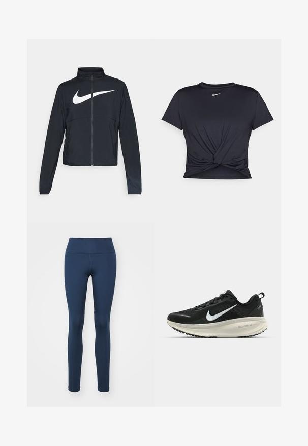 Black full-zip sports jacket with high collar, long sleeves, and large white Nike swoosh logo across the chest.; Black athletic t-shirt made of smooth fabric, featuring a knotted front design and a small white Nike logo on the chest.; Navy blue leggings made of stretchy fabric. Features a high waistband and form-fitting design with flat seams for comfort.; Black Nike running shoe with breathable mesh upper, white swoosh logo, textured detailing, and a cream-colored ZoomX midsole.
