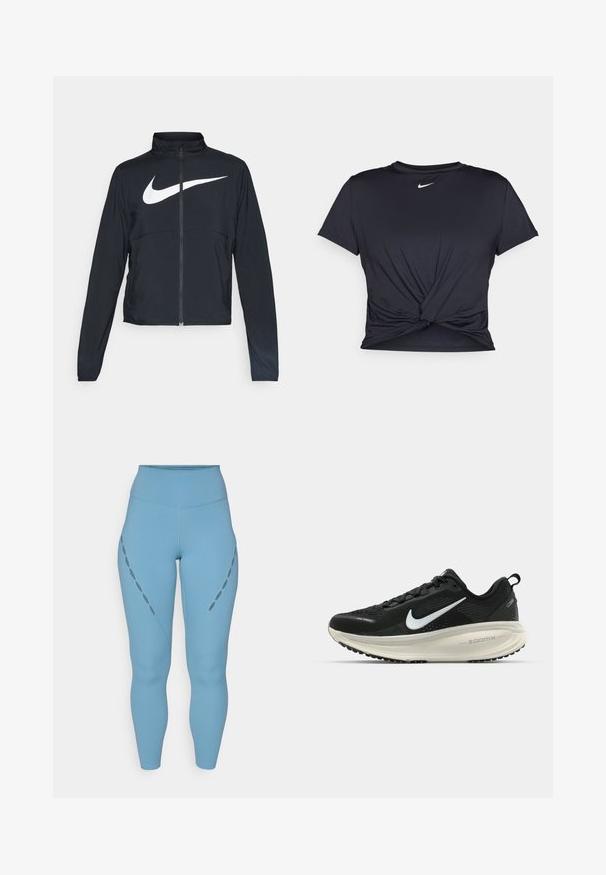 Jachetă sport neagră cu fermoar pe toată lungimea, guler înalt, mâneci lungi și un logo mare alb Nike swoosh pe piept.; Tricou sport negru din material neted, cu un design frontal legat și un mic logo Nike alb pe piept.; Leggings con înălțime mare, de culoare albastră deschisă, realizate dintr-un material elastic. Au decupaje decorative pe laterale și manșete strâmte la glezne.; Pantofii de alergare negri de la Nike, cu parte superioară din plasă respirabilă, logo-ul alb Swoosh, detalii texturate și o talpă intermediară ZoomX de culoare crem.