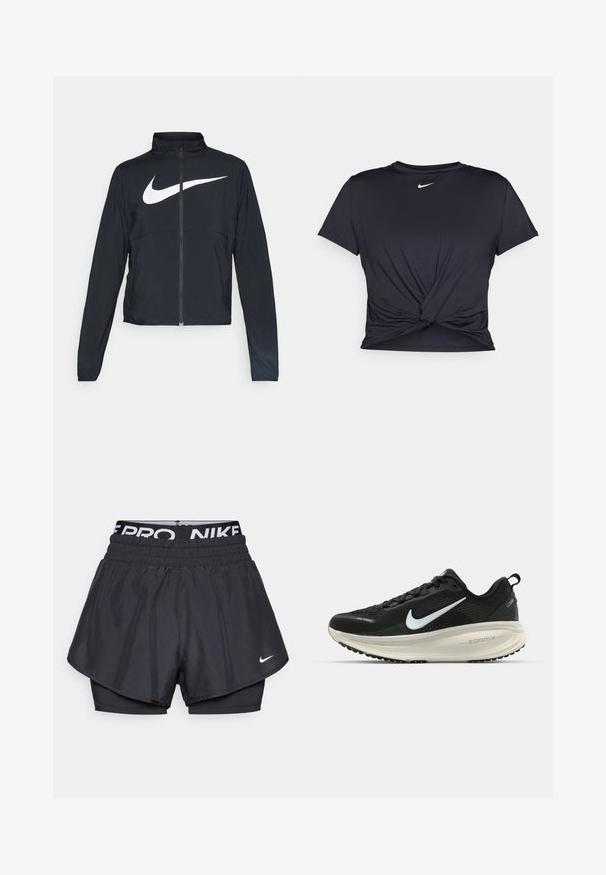 Svart joggebund med hel glidelås, høy krage, lange ermer og stort hvitt Nike swoosh-logo over brystet.; Svart trenings T-skjorte laget av glatt stoff, med en knyttet frontdesign og en liten hvit Nike-logo på brystet.; Svart treningsshorts med lagdelt design, har et pustende yttersjikt, elastisk midjebånd med merkevare, og en liten logo foran.; Svart Nike løpesko med pustende mesh-overdel, hvit swoosh-logo, teksturert detaljer og en kremfarget ZoomX mellomsåle.
