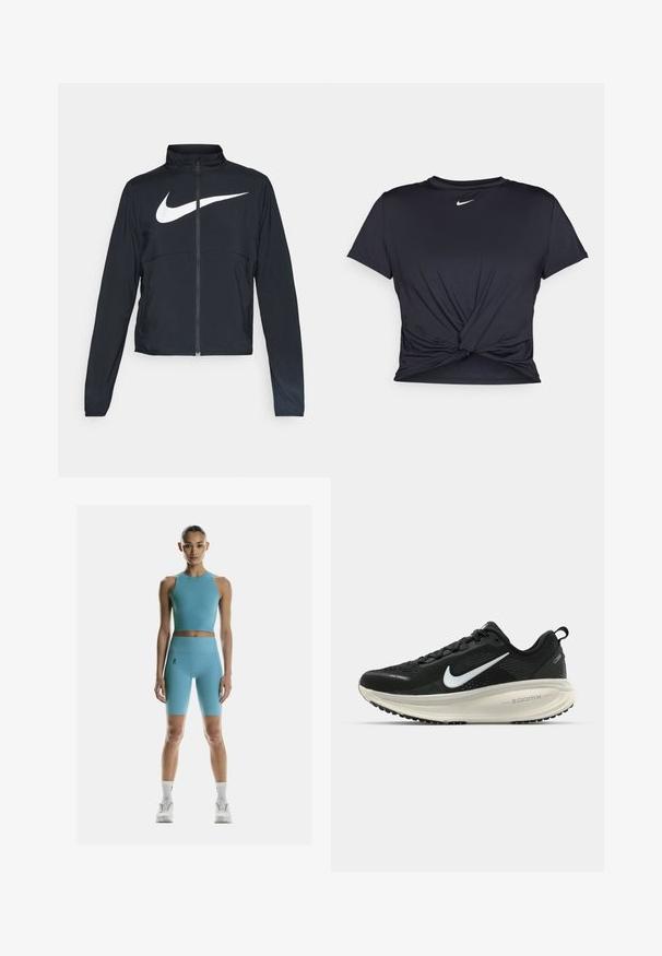 Black full-zip sports jacket with high collar, long sleeves, and large white Nike swoosh logo across the chest.; Black athletic t-shirt made of smooth fabric, featuring a knotted front design and a small white Nike logo on the chest.; On Leggings - niagara; Black Nike running shoe with breathable mesh upper, white swoosh logo, textured detailing, and a cream-colored ZoomX midsole.