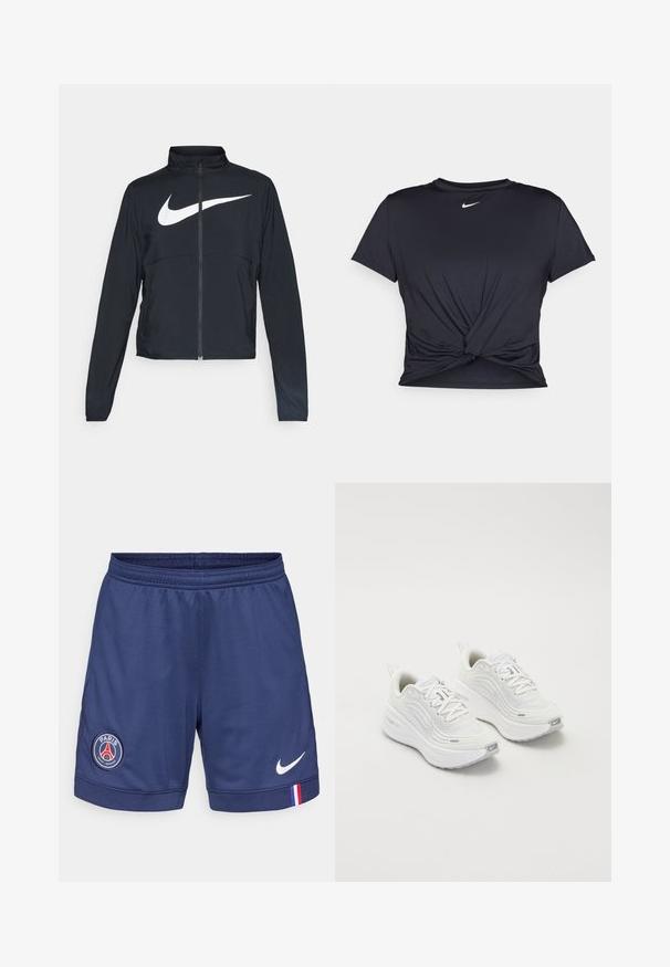 Casaco desportivo preto com fecho éclair completo, gola alta, mangas longas e grande logótipo branco da Nike na parte frontal.; T-shirt atlético preto feito de tecido liso, apresentando um design frontal com nó e um pequeno logótipo branco da Nike no peito.; Calções atléticos azuis-marinho feitos de um tecido respirável, apresentando o logótipo do Paris Saint-Germain e o swoosh branco da Nike no canto inferior direito.; Tênis atléticos brancos com um cabedal de malha texturizada, sola acolchoada e discretos detalhes em cinza. Inclui logótipo e aba de calcanhar em laço para facilitar o calçar.