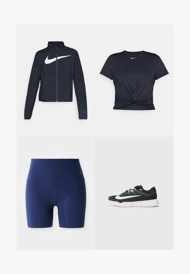 Fekete, teljes cipzáros sportdzseki magas gallérral, hosszú ujjal, amelyen egy nagy, fehér Nike logó található a mellkason.; Fekete sportpóló sima anyagból, elöl megkötős dizájnnal, a mellkason egy kis fehér Nike logóval.; Sötétkék, magas derekú sportnadrág rugalmas anyagból. Zökkenőmentes dizájnnal és kis szürke logóval a deréknál.; Fekete sportcipő fehér logóval, texturált felsőrésszel, fűzős záródással, párnázott gallérral és kontrasztos fehér talppal, melynek mintázott tapadófelülete van.
