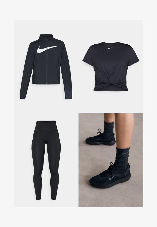 Giacca sportiva nera con zip completa, colletto alto, maniche lunghe e grande logo swoosh bianco Nike sul petto.; Maglietta atletica nera realizzata in tessuto liscio, con un design anteriore annodato e un piccolo logo Nike bianco sul petto.; Leggings neri a vita alta realizzati in materiale elasticizzato, con una texture liscia, una forma aderente e dettagli con tasche laterali.; Sneakers neri Nike con tomaia in maglia testurizzata, caratterizzati da un logo swoosh grigio, abbinati a calze scure a coste. Suola in gomma piatta.