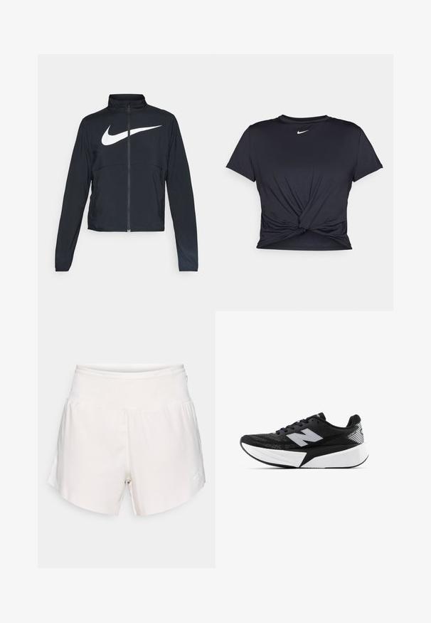 Melnā sporta jaka ar pilnu rāvējslēdzēju, augstu apkakli, garām piedurknēm un lielu baltu Nike swoosh logotipu krūšu daļā.; Melna sporta t-kreklu ar gludu audumu, ar mezglošanas priekšpusi un mazu baltu Nike logotipu uz krūšu daļas.; Gaiši bēši sporta šorti ar elastīgu jostu, izliekta apakšmala un mazs balts logo labajā pusē. Gluda auduma tekstūra.; Melnbalts New Balance skriešanas apavi ar biezu zoli, acs augšdaļu un "N" logotipu sānos, skatīts no ārējās puses.