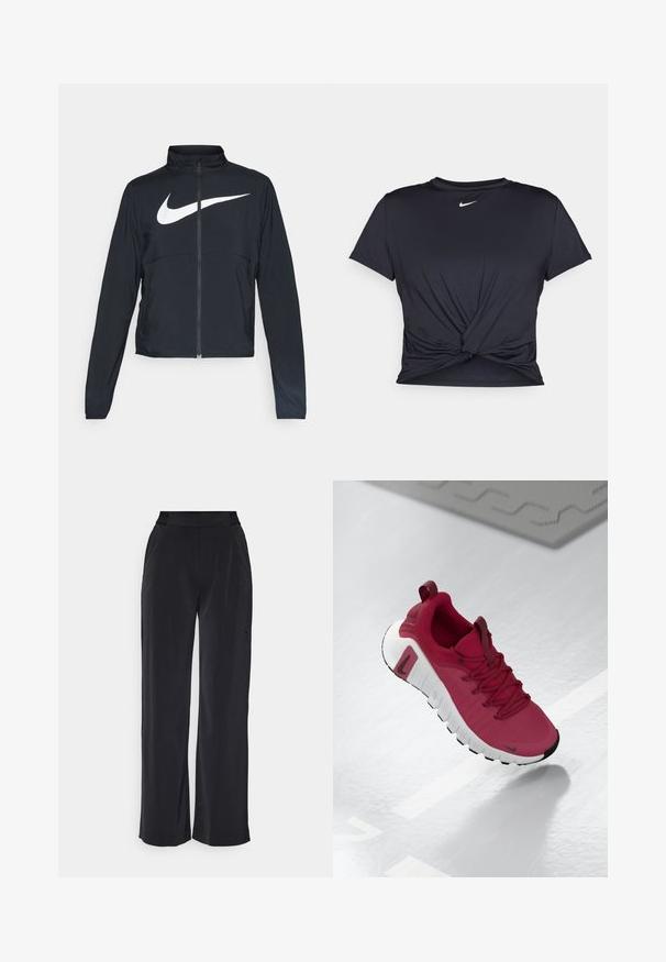 Juodas sportinis džemperis su visiškai užtraukiama užtrauktuku, aukšta apykakle, ilgomis rankovėmis ir dideliu baltu Nike swoosh logotipu per krūtinę.; Juodas sportinis marškinėlis, pagamintas iš lygios medžiagos, su surišta priekiu ir mažu baltu Nike logotipu ant krūtinės.; Nike Performance BLISS TROUSER - Kelnės - black; Raudoni sportiniai bateliai su tekstūruotu viršumi, raišteliais ir storesne balta padanga. Yra kontrastingas juodas pirštų dangtelis ir logotipas šonuose.