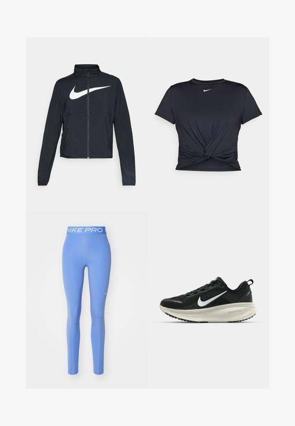 Čierna športová bunda na zips s vysokým golierom, dlhými rukávmi a veľkým bielym logom Nike na hrudi.; Čierne atletické tričko vyrobené z hladkej tkaniny, so zaväzovaným predným dizajnom a malým bielym logom Nike na hrudi.; Nike Pro legíny, jednoliata svetlomodrá farba, elastický pás s bielym textom "NIKE PRO", hladká textura, priliehavý dizajn.; Čierne bežecké topánky Nike s priedušnou sieťovinou, bielym logom s symbolom swoosh, textúrovanými detailmi a krémovou ZoomX medzipodrážkou.