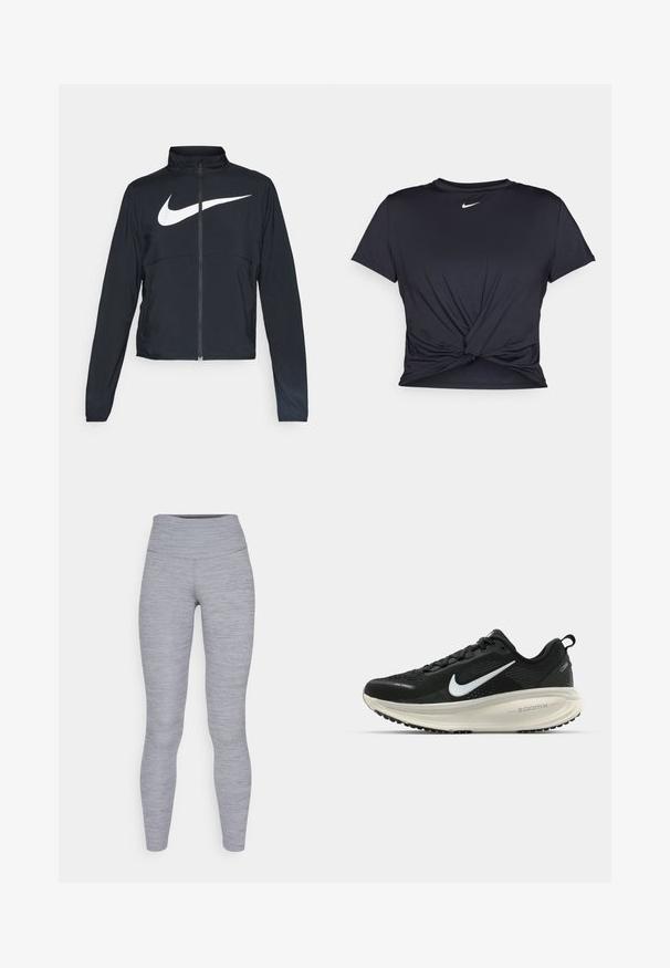 Chaqueta deportiva negra de cremallera completa con cuello alto, mangas largas y gran logo de Nike en blanco en el pecho.; Camiseta atlética negra hecha de tela suave, con un diseño de nudo en la parte delantera y un pequeño logo blanco de Nike en el pecho.; Leggings atléticos grises con una cinturilla alta, hechos de una tela texturizada que presenta un sutil patrón jaspeado. Silueta ajustada.; Zapatilla de running Nike negra con parte superior de malla transpirable, logo Swoosh blanco, detalles texturizados y una entresuela ZoomX de color crema.