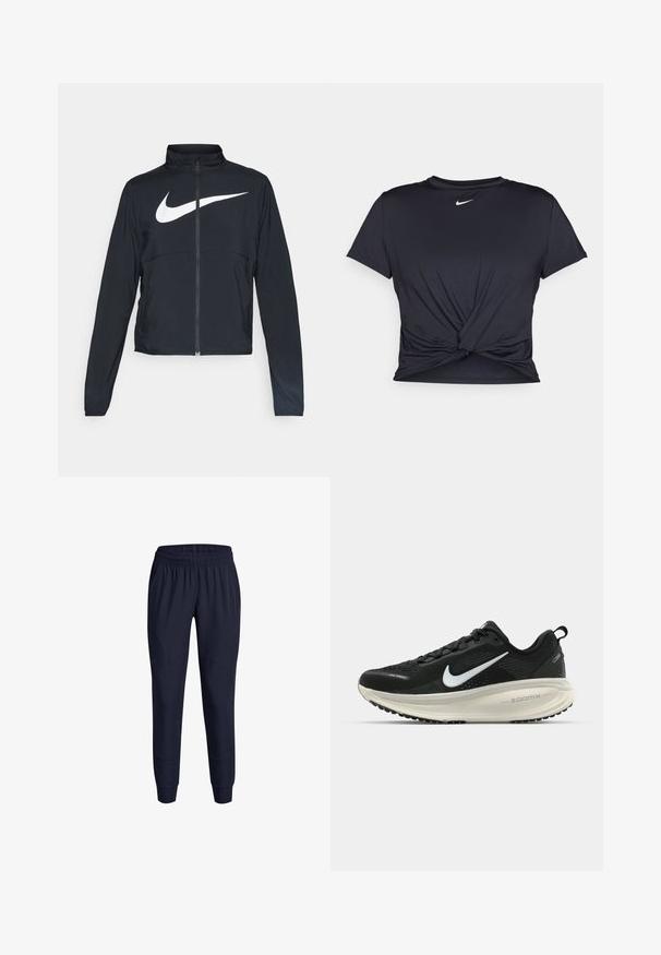 Black full-zip sports jacket with high collar, long sleeves, and large white Nike swoosh logo across the chest.; Black athletic t-shirt made of smooth fabric, featuring a knotted front design and a small white Nike logo on the chest.; Navy athletic pants with an elastic waistband, tapered leg, and side pockets designed in a lightweight, smooth fabric.; Black Nike running shoe with breathable mesh upper, white swoosh logo, textured detailing, and a cream-colored ZoomX midsole.