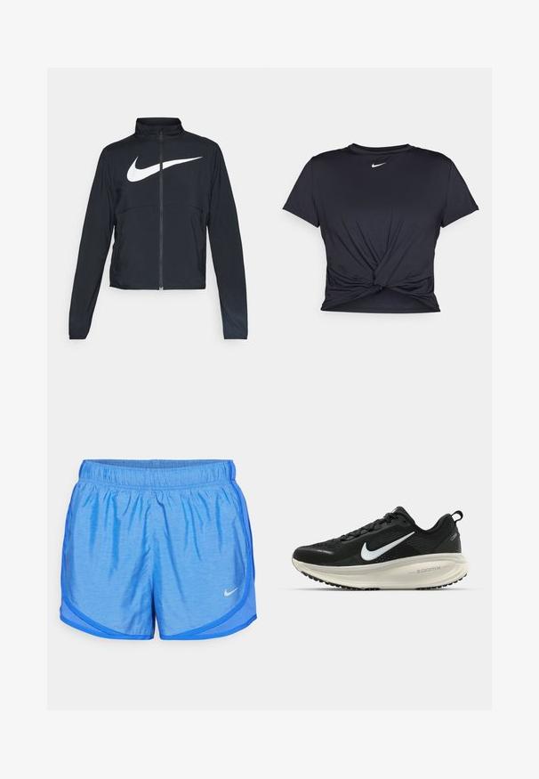 Čierna športová bunda na zips s vysokým golierom, dlhými rukávmi a veľkým bielym logom Nike na hrudi.; Čierne atletické tričko vyrobené z hladkej tkaniny, so zaväzovaným predným dizajnom a malým bielym logom Nike na hrudi.; Modré športové šortky s elastickým pásom, ľahká tkanina, zakrivený lem a kontrastný detail bočnej panely. Logo Nike na dolnej ľavej strane.; Čierne bežecké topánky Nike s priedušnou sieťovinou, bielym logom s symbolom swoosh, textúrovanými detailmi a krémovou ZoomX medzipodrážkou.