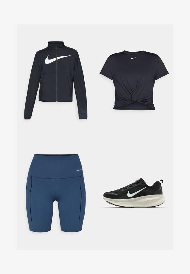 Svart joggebund med hel glidelås, høy krage, lange ermer og stort hvitt Nike swoosh-logo over brystet.; Svart trenings T-skjorte laget av glatt stoff, med en knyttet frontdesign og en liten hvit Nike-logo på brystet.; Nike Performance UNIVERSA SHORT - Tights - armory navy/black; Svart Nike løpesko med pustende mesh-overdel, hvit swoosh-logo, teksturert detaljer og en kremfarget ZoomX mellomsåle.