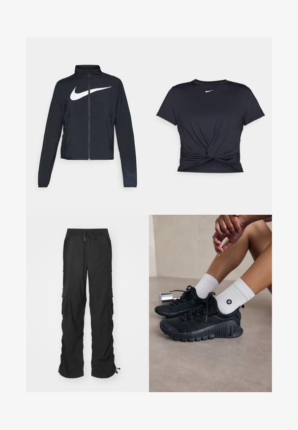 Juodas sportinis džemperis su visiškai užtraukiama užtrauktuku, aukšta apykakle, ilgomis rankovėmis ir dideliu baltu Nike swoosh logotipu per krūtinę.; Juodas sportinis marškinėlis, pagamintas iš lygios medžiagos, su surišta priekiu ir mažu baltu Nike logotipu ant krūtinės.; Juodos darbo kelnės su raišteliu juosmenyje, šoninėmis kišenėmis ir elastinėmis rankogaliais. Pagamintos iš tekstūruoto audinio, kuris užtikrina patvarumą ir patogumą.; Juodi sportiniai bateliai su tekstūruota medžiaga, raištelių dizainu ir ryškiu padu, derinami su baltais raukšlėtais kojiniais, turinčiais mažą logotipą.