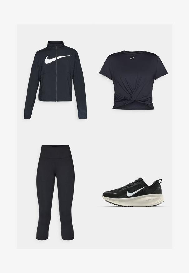 Melnā sporta jaka ar pilnu rāvējslēdzēju, augstu apkakli, garām piedurknēm un lielu baltu Nike swoosh logotipu krūšu daļā.; Melna sporta t-kreklu ar gludu audumu, ar mezglošanas priekšpusi un mazu baltu Nike logotipu uz krūšu daļas.; Melnas apgrieztas legingi, izgatavoti no elastīga auduma, ar augstu jostasvietu un gludu tekstūru, bez redzamām rakstu vai aksesuāriem.; Melnas Nike skriešanas kurpes ar elpojošu acs augšdaļu, baltu Swoosh logotipu, strukturētu apdari un krēmkrāsas ZoomX starpsole.