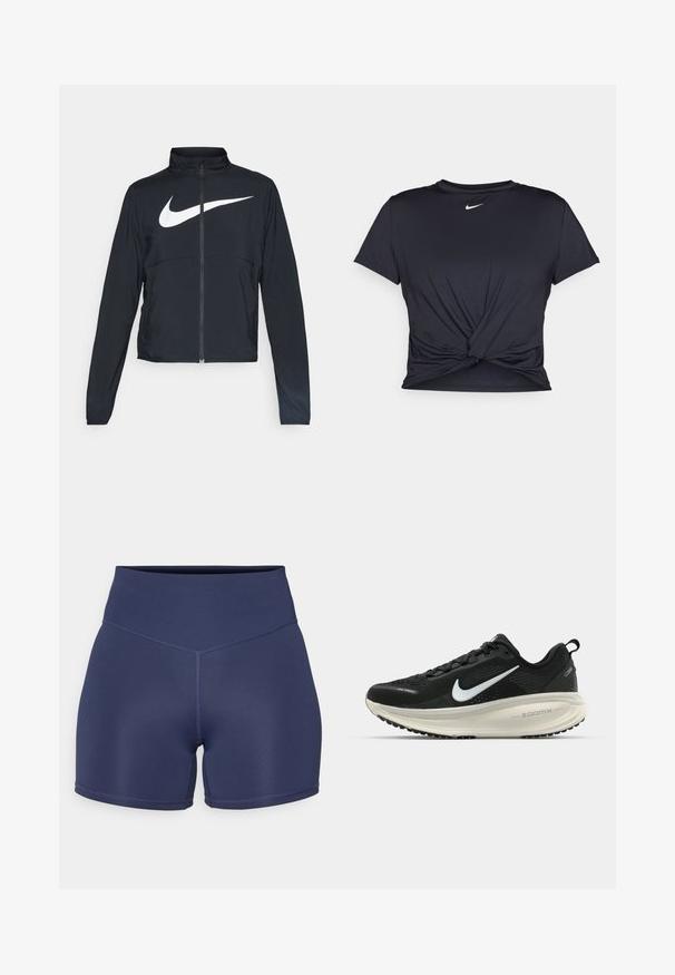 Zwarte sportjas met volledige rits, hoge kraag, lange mouwen en groot wit Nike swoosh-logo op de borst.; Zwarte sportieve T-shirt van gladde stof, met een geknoopt ontwerp aan de voorkant en een klein wit Nike-logo op de borst.; Navyblauwe sportshorts gemaakt van rekbaar materiaal met een hoge tailleband, met naadloze stiksel en een aansluitend ontwerp.; Zwarte Nike hardloopschoen met ademend mesh bovenwerk, witte swoosh-logo, gestructureerde details en een crèmekleurige ZoomX middenzool.