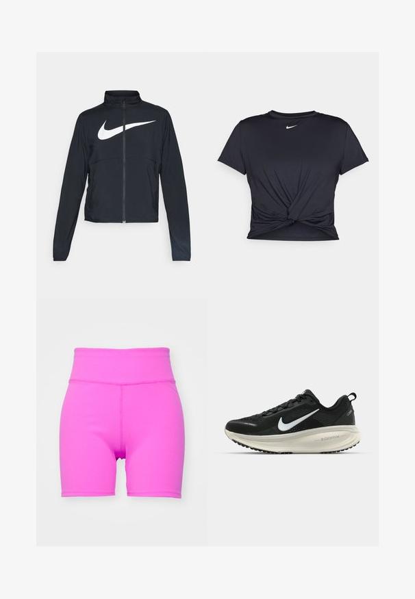 Giacca sportiva nera con zip completa, colletto alto, maniche lunghe e grande logo swoosh bianco Nike sul petto.; Maglietta atletica nera realizzata in tessuto liscio, con un design anteriore annodato e un piccolo logo Nike bianco sul petto.; Shorts da bici a vita alta, a costine, di un vivace colore rosa. Caratterizzati da un tessuto elasticizzato per il comfort, con una cintura liscia e una linea elegante.; Scarpa da corsa nera Nike con tomaia in rete traspirante, logo Swoosh bianco, dettagli testurizzati e intersuola ZoomX di colore crema.
