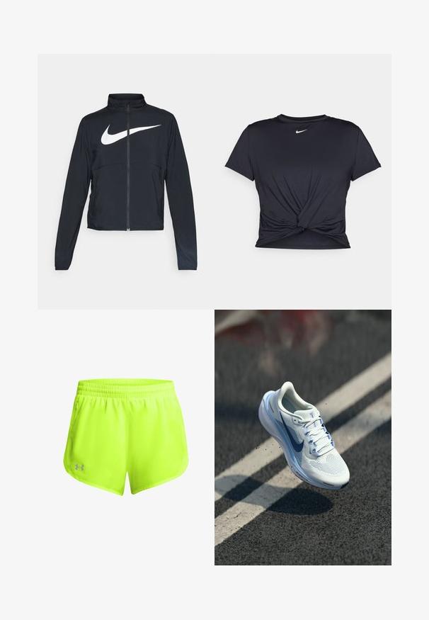 Musta urheilutakki, jossa on täysivetoketju, korkea kaulus, pitkät hihat ja suuri valkoinen Nike-tikkauksella rintaosa.; Musta urheilu T-paita, joka on valmistettu sileästä kankaasta, jossa on solmittu etuosa ja pieni valkoinen Nike-logo rinnassa.; Neon keltaiset urheilushortsit, joissa on joustava vyötärö, kevyet kangasmateriaalit ja sivutaskut. Sivuilla pieni harmaa logo alahelman kohdalla.; Valkoinen urheilukengät, joissa on hengittävä verkkopinta ja siniset yksityiskohdat. Varustettu pehmeällä pohjalla ja tasaisilla nauhoilla. Keskipohjassa on "Air Zoom" -brändäys.