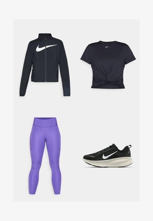 Črna športna jakna z polnim zadrgo, visokim ovratnikom, dolgimi rokavi in velikim belim logotipom Nike swoosh čez prsi.; Črna atletska majica iz gladkega materiala, z vozlanim sprednjim delom in majhnim belim logotipom Nike na prsih.; Lila visoko pasovana športna legging hlače z stranskimi žepi in ravnimi šivi, zasnovane za vadbo in športno obleko.; Črne Nike tekaške čevlje z zračno mrežno zgornjim delom, belim logotipom Swoosh, teksturiranimi detajli in smetanasto barvnim srednjim delom ZoomX.