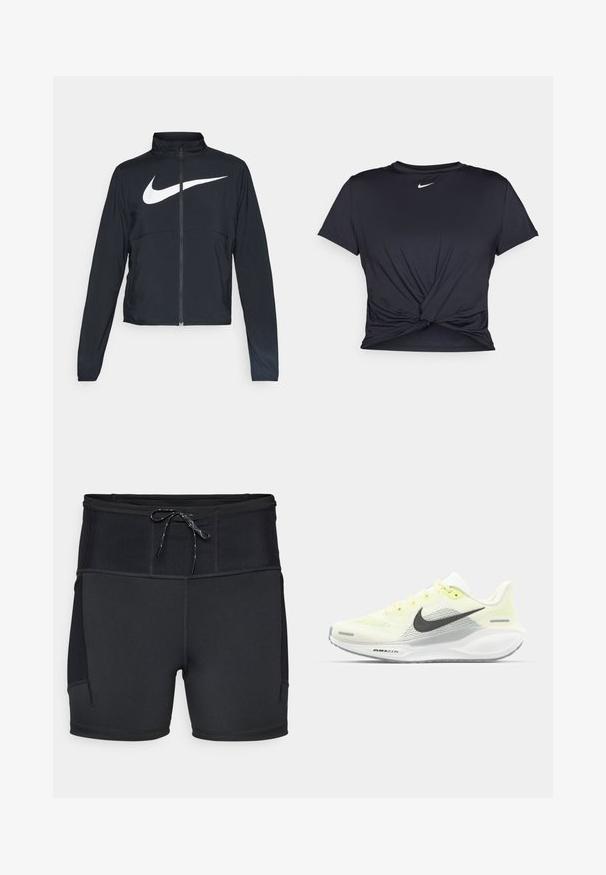Giacca sportiva nera con zip completa, colletto alto, maniche lunghe e grande logo swoosh bianco Nike sul petto.; Maglietta atletica nera realizzata in tessuto liscio, con un design anteriore annodato e un piccolo logo Nike bianco sul petto.; Pantaloni sportivi neri con vita alta, pannello superiore testurizzato e cordoncino. Presentano cuciture flatlock e tasche laterali.; Scarpe da corsa Nike con una tomaia in rete giallo chiaro e bianco, dettagli grigi e una suola in gomma flessibile. Presentano una chiusura con lacci.