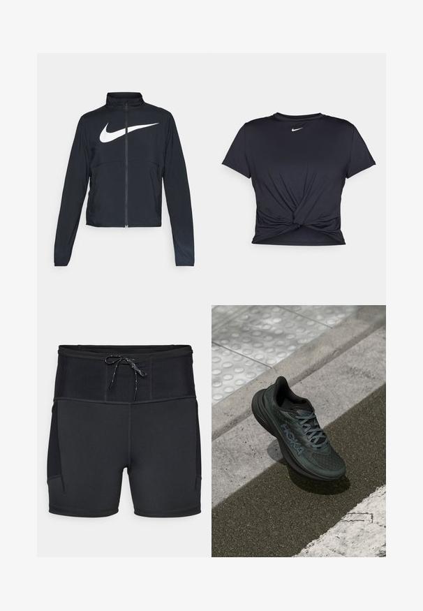 Jachetă sport neagră cu fermoar pe toată lungimea, guler înalt, mâneci lungi și un logo mare alb Nike swoosh pe piept.; Tricou sport negru din material neted, cu un design frontal legat și un mic logo Nike alb pe piept.; Pantaloni scurți atletici negri cu talie înaltă, panou superior texturat și șnur de ajustare. Prezintă cusături plate și buzunare laterale.; Adidași negri pentru alergare cu partea superioară din plasă, accente texturate și logo, având o talpă cu amortizare și șireturi gri, așezați pe asfalt.