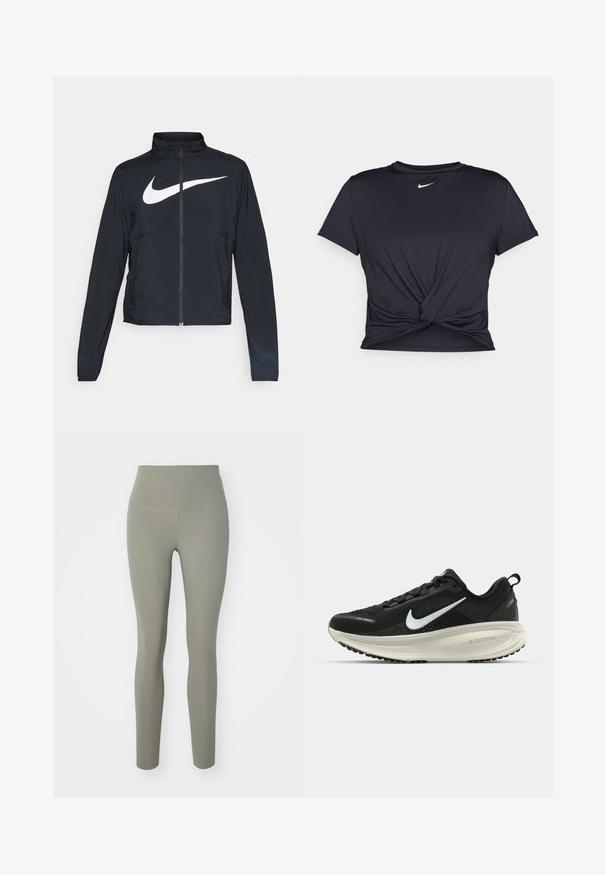 Casaco desportivo preto com fecho éclair completo, gola alta, mangas longas e grande logótipo branco da Nike na parte frontal.; T-shirt atlético preto feito de tecido liso, apresentando um design frontal com nó e um pequeno logótipo branco da Nike no peito.; Nike Performance ZENVY HR 7/8 - Leggings - light army; Sapatilha de corrida Nike preta com parte superior de malha respirável, logotipo Swoosh branco, detalhes texturizados e uma entressola ZoomX na cor creme.
