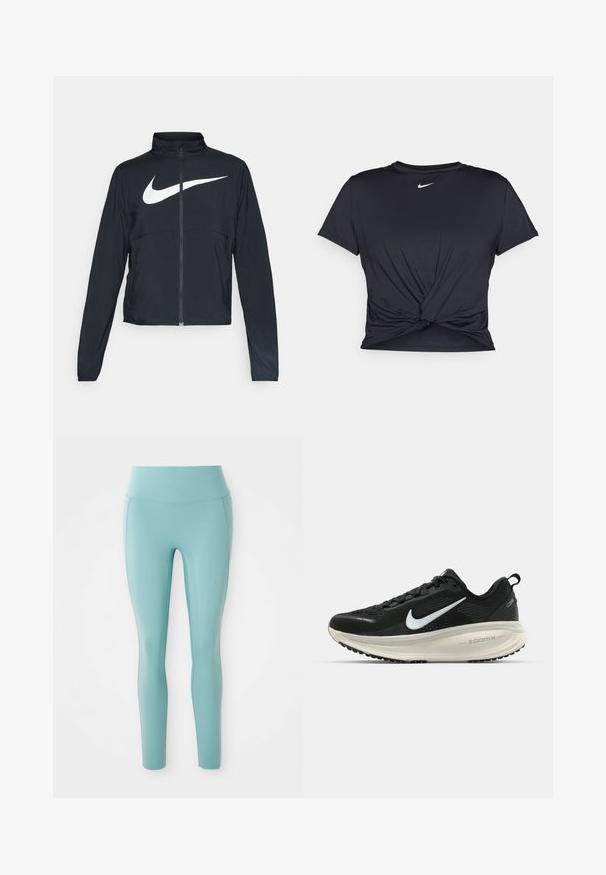 Veste de sport noire zippée sur toute la longueur avec un col haut, des manches longues et un grand logo Nike swoosh blanc sur la poitrine.; T-shirt de sport noir en tissu lisse, avec un design avant noué et un petit logo Nike blanc sur la poitrine.; Leggings bleu clair en tissu extensible, dotés d'une taille haute et d'un design lisse et discret sans embellissements.; Baskets de course noir Nike avec tige respirante en mesh, logo swoosh blanc, détails texturés et semelle intermédiaire ZoomX de couleur crème.