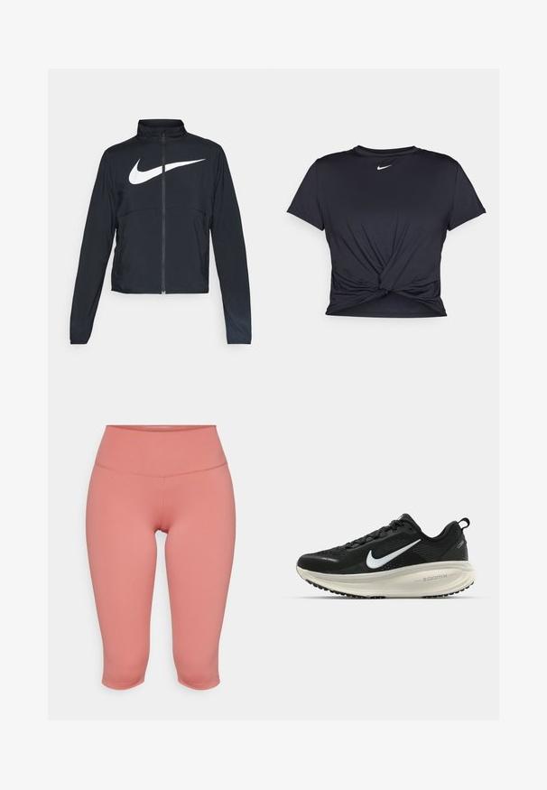 Svart sportjacka med hel dragkedja, hög krage, långa ärmar och stor vit Nike swoosh-logotyp över bröstet.; Svart atletisk t-shirt i mjukt tyg, med en knuten framdesign och en liten vit Nike-logga på bröstet.; Dammpink capri leggings med hög midja. Tillverkade av elastiskt tyg, med platta sömmar och en jämn textur.; Svart Nike löparsko med andningsbart mesh-ovandel, vit swoosh-logotyp, texturerad detaljering och en krämfärgad ZoomX-mellansula.