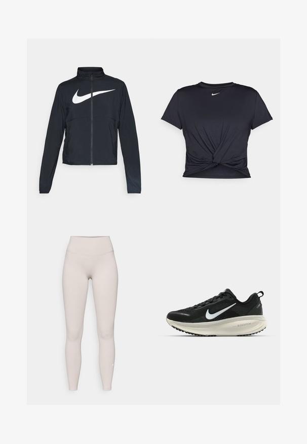 Čierna športová bunda na zips s vysokým golierom, dlhými rukávmi a veľkým bielym logom Nike na hrudi.; Čierne atletické tričko vyrobené z hladkej tkaniny, so zaväzovaným predným dizajnom a malým bielym logom Nike na hrudi.; Béžové legíny s vysokým pásom vyrobené z jemného, elastického materiálu, s hladkou textúrou a malým bielym logom pri členku.; Čierne bežecké topánky Nike s priedušnou sieťovinou, bielym logom s symbolom swoosh, textúrovanými detailmi a krémovou ZoomX medzipodrážkou.