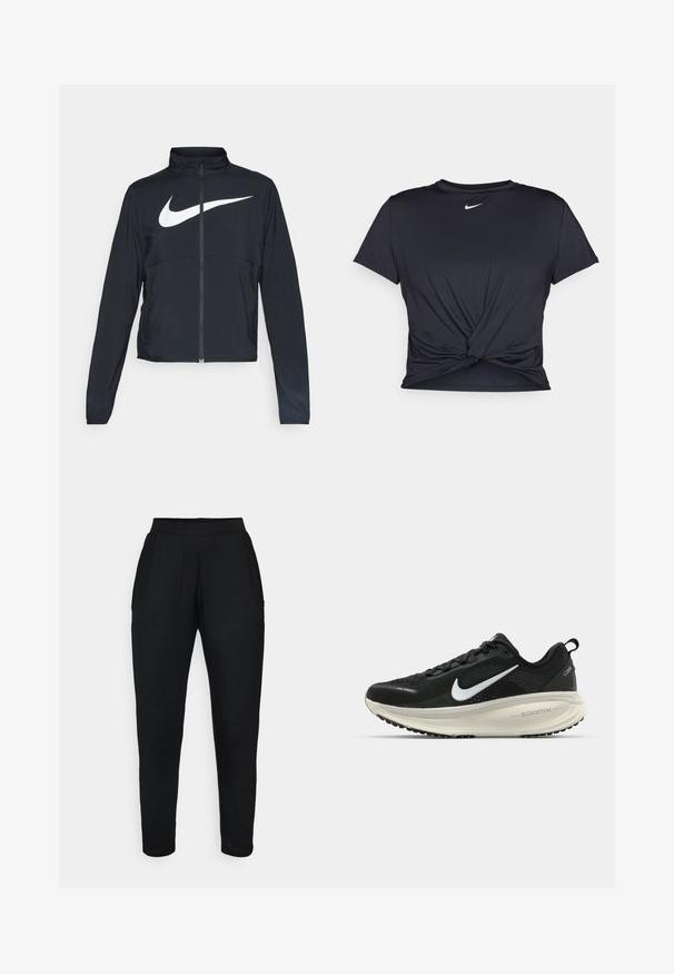 Melnā sporta jaka ar pilnu rāvējslēdzēju, augstu apkakli, garām piedurknēm un lielu baltu Nike swoosh logotipu krūšu daļā.; Melna sporta t-kreklu ar gludu audumu, ar mezglošanas priekšpusi un mazu baltu Nike logotipu uz krūšu daļas.; Melna iežmēra bikses ar elastīgu jostasvietu, kurām ir sānu kabatas un gluda, mīksta tekstūra. Piemērotas ikdienas vai aktīvai nēsāšanai.; Melnas Nike skriešanas kurpes ar elpojošu acs augšdaļu, baltu Swoosh logotipu, strukturētu apdari un krēmkrāsas ZoomX starpsole.