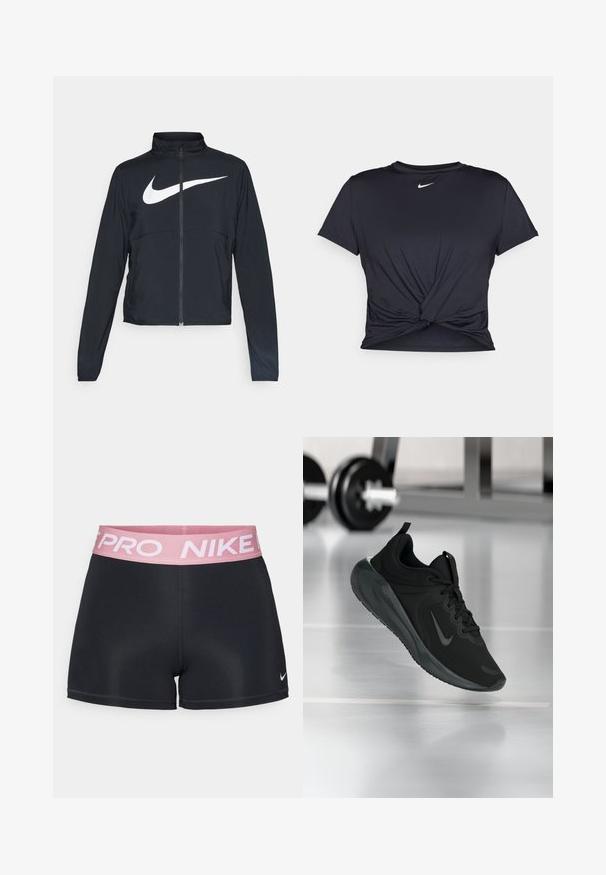 Czarna bluza sportowa na zamek błyskawiczny z wysokim kołnierzem, długimi rękawami i dużym białym logo Nike na klatce piersiowej.; Czarna sportowa koszulka z gładkiego materiału, z wiązanym przodem i małym białym logo Nike na piersi.; Czarne sportowe szorty z różowym elastycznym pasem, na którym znajduje się napis "NIKE PRO". Wykonane z gładkiego, elastycznego materiału o dopasowanym kroju.; Czarny sportowy sneaker z logo Nike, pokazany w powietrzu na podłodze siłowni, z rozmytym regałem z hantlami w tle.