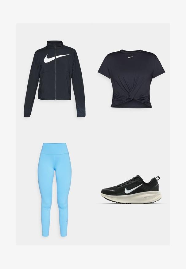 Must musta täispikk vary hoodie kõrge krae, pikad varrukad ja suur valge Nike swooshi logo rinnal.; Mustmust musta sportlik T-särk, mis on valmistatud sujuvast kangast, millel on sõlmega esikülg ja väike valge Nike logo rinnal.; Sinised kõrge vöökohtadega legginsid, mis on valmistatud venivast materjalist, omades siledat tekstuuri ja keha lähedast lõiget. Diskreetne Nike logo pahkluu lähedal.; Musthave mustus Nike jooksujalats, millel on hingav võrgust ülemine osa, valge swoosh logo, tekstuuriga detailid ja kreemja värvusega ZoomX vahevöö.