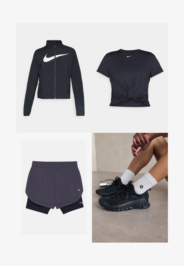 Chaqueta deportiva negra de cremallera completa con cuello alto, mangas largas y gran logo de Nike en blanco en el pecho.; Camiseta atlética negra hecha de tela suave, con un diseño de nudo en la parte delantera y un pequeño logo blanco de Nike en el pecho.; Shorts de running púrpura oscuro con un diseño en capas, con pantalones interiores negros, cinturilla elástica y bolsillos laterales.; Zapatillas deportivas negras con tejido texturizado, diseño de cordones y una suela prominente, combinadas con calcetines blancos de canalé que presentan un pequeño logo.