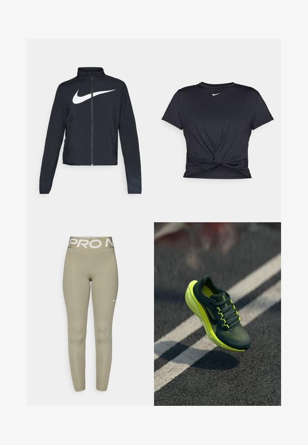 Črna športna jakna z polnim zadrgo, visokim ovratnikom, dolgimi rokavi in velikim belim logotipom Nike swoosh čez prsi.; Črna atletska majica iz gladkega materiala, z vozlanim sprednjim delom in majhnim belim logotipom Nike na prsih.; Olivnozeleni športni leggingi s širokim belim pasom, na katerem je napisan tekst "PRO", ter majhnim belim Nike logotipom na spodnji levi strani.; Temno zelena in neonsko rumena Nike tekaška čevlja v zraku nad asfaltom z belimi prometnimi oznakami, ki dvigujejo majhne delce prahu.