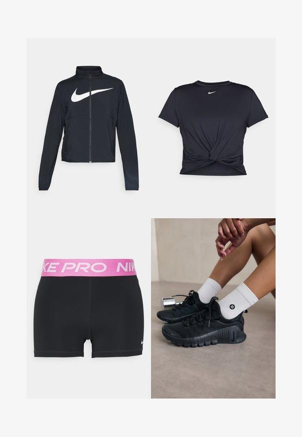 Casaco desportivo preto com fecho éclair completo, gola alta, mangas longas e grande logótipo branco da Nike na parte frontal.; T-shirt atlético preto feito de tecido liso, apresentando um design frontal com nó e um pequeno logótipo branco da Nike no peito.; Calções atléticos pretos com uma cintura elástica rosa marcada "NIKE PRO." Textura suave com um logotipo na parte inferior esquerda. Corte padrão.; Sapatilhas atléticas pretas com tecido texturizado, design com atacadores e uma sola proeminente, emparelhadas com meias brancas com nervuras e um pequeno logótipo.