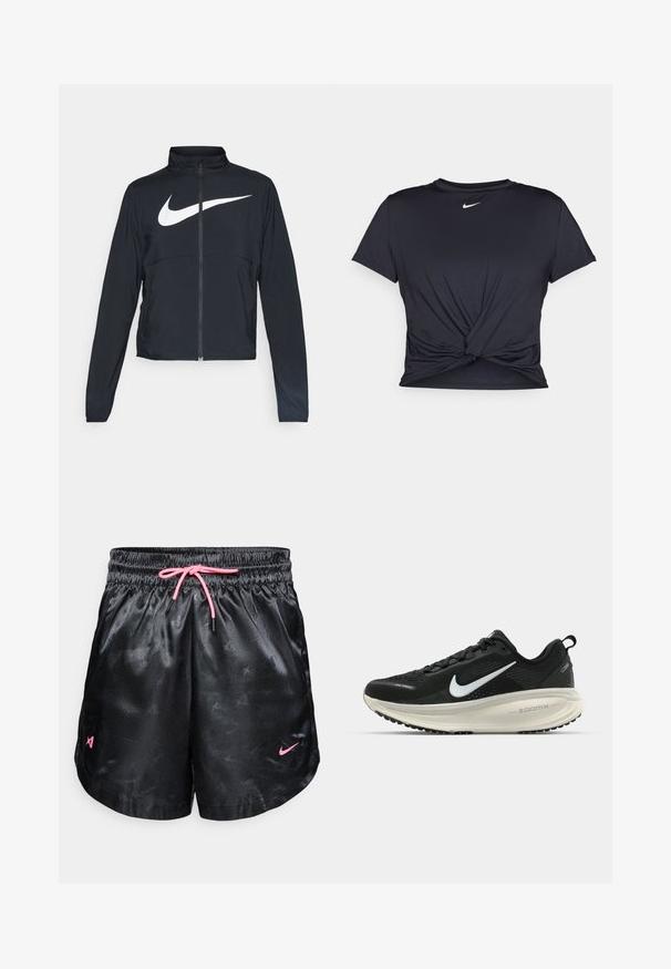 Čierna športová bunda na zips s vysokým golierom, dlhými rukávmi a veľkým bielym logom Nike na hrudi.; Čierne atletické tričko vyrobené z hladkej tkaniny, so zaväzovaným predným dizajnom a malým bielym logom Nike na hrudi.; Čierne športové šortky so lesklým saténovým povrchom, elastickým pásom, ružovou šnúrkou a jemným vzorom. Obsahujú logá v ružovej farbe po stranách.; Čierne bežecké topánky Nike s priedušnou sieťovinou, bielym logom s symbolom swoosh, textúrovanými detailmi a krémovou ZoomX medzipodrážkou.
