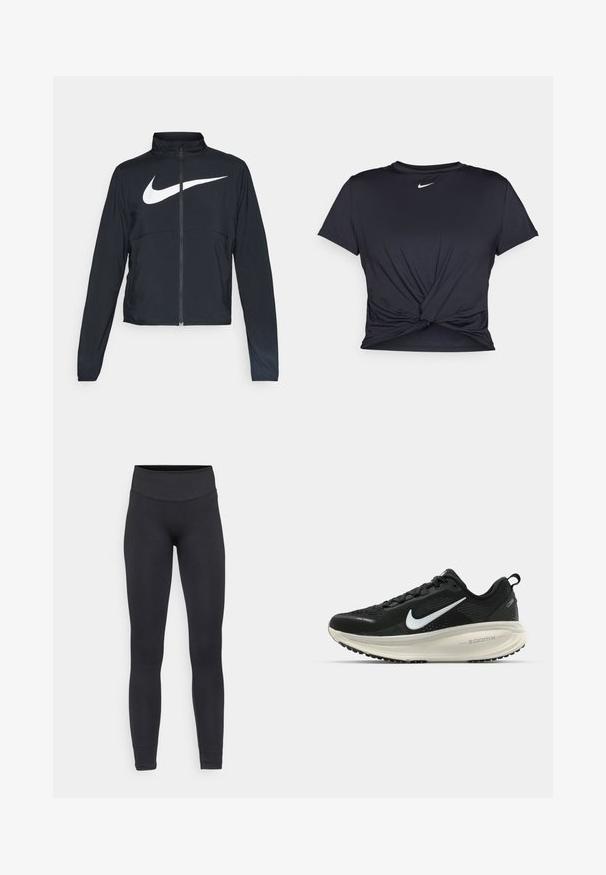 Black full-zip sports jacket with high collar, long sleeves, and large white Nike swoosh logo across the chest.; Black athletic t-shirt made of smooth fabric, featuring a knotted front design and a small white Nike logo on the chest.; Black leggings made of stretchy fabric, featuring a high waistband, seamless design, and tapered legs, suitable for various activities.; Black Nike running shoe with breathable mesh upper, white swoosh logo, textured detailing, and a cream-colored ZoomX midsole.