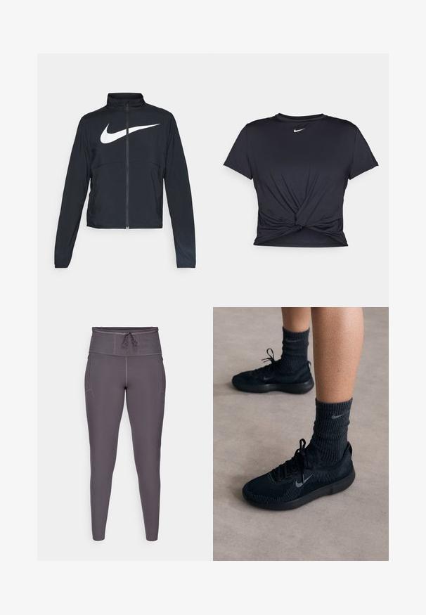 Schwarze Sportjacke mit vollem Reißverschluss, hohem Kragen, langen Ärmeln und großem weißen Nike-Swoosh-Logo auf der Brust.; Schwarzes Sport-T-Shirt aus glattem Stoff, mit einem geknoteten Vorderdesign und einem kleinen weißen Nike-Logo auf der Brust.; Lila High-Waist-Leggings mit Kordelzugverschluss, ausgestattet mit einer glatten Textur und seitlichen Taschen für zusätzliche Funktionalität.; Schwarze Nike-Sneaker mit einem strukturierten Strickobermaterial, ausgestattet mit einem grauen Swoosh-Logo, kombiniert mit dunklen gerippten Socken. Flache Gummisohle.