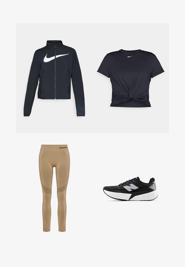 Black full-zip sports jacket with high collar, long sleeves, and large white Nike swoosh logo across the chest.; Black athletic t-shirt made of smooth fabric, featuring a knotted front design and a small white Nike logo on the chest.; Beige athletic leggings with a high waistband, featuring textured panels and a logo at the top. Made of stretchy material for comfort.; Black and white New Balance running shoe with thick sole, mesh upper, and "N" logo on the side, viewed from the outer side.