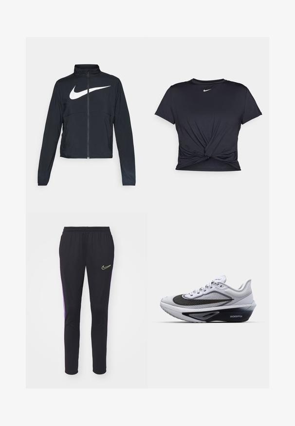 Crna sportska jakna s punim patentnim zatvaračem, visokim ovratnikom, dugim rukavima i velikim bijelim Nike swoosh logom preko grudi.; Crni trenirac s kratkim rukavima izrađen od glatkog materijala, s čvorastim dizajnom sprijeda i malim bijelim Nike logotipom na prsima.; Crne sportske hlače s elastičnim pojasom, s ljubičastim bočnim trakama i malim žutim Nike logom na lijevom kuku.; Bijela atletska cipela s mrežastim gornjim dijelom, koja ima crni zakrivljeni swoosh, potplat s ZoomX amortizacijom i teksturiran dizajn za prozračnost.