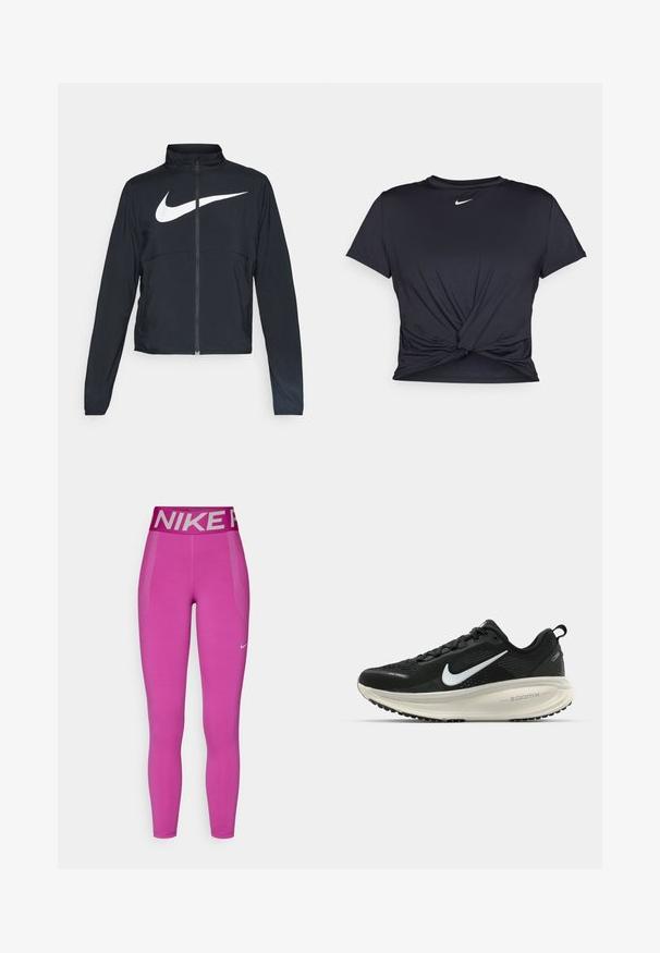 Sort fuld-zip sportsjakke med høj krave, lange ærmer og stort hvidt Nike swoosh-logo på brystet.; Sort atletisk t-shirt lavet af glat stof, med et knyttet frontdesign og et lille hvidt Nike-logo på brystet.; Lyserøde Nike leggings med en bred grå talje, der har brandnavnet. Glat tekstur, fuldlængde og mesh-detaljer på siden for åndbarhed.; Sort Nike løbesko med åndbart mesh-overdel, hvidt swoosh-logo, tekstureret detaljering og en cremede ZoomX mellemsål.