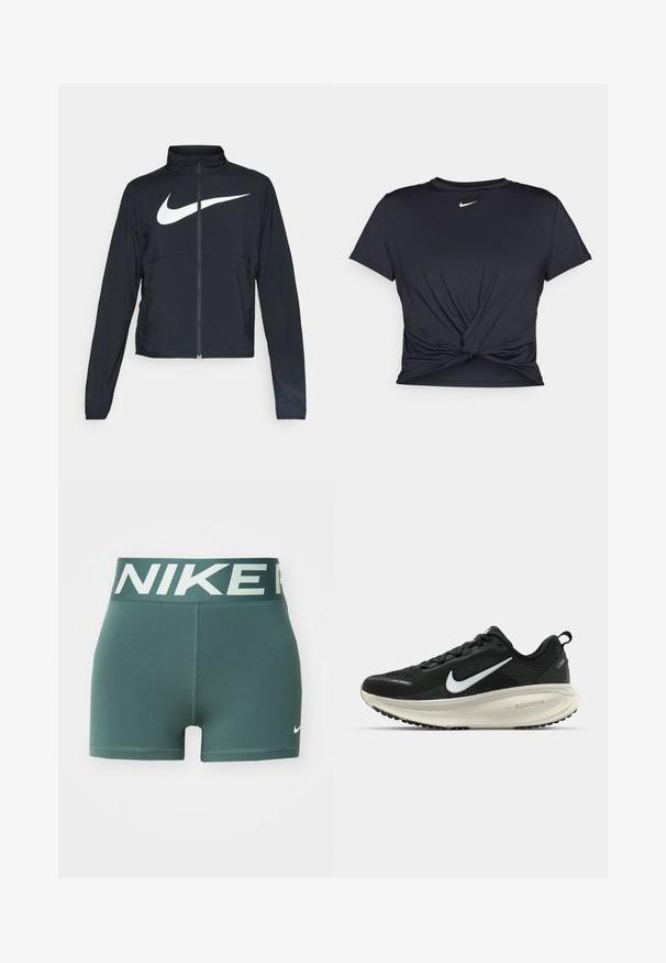 Jachetă sport neagră cu fermoar pe toată lungimea, guler înalt, mâneci lungi și un logo mare alb Nike swoosh pe piept.; Tricou sport negru din material neted, cu un design frontal legat și un mic logo Nike alb pe piept.; Pantaloni scurți sportivi verzi cu un talie elastică lată, având inscripția "NIKE" într-o culoare deschisă și un mic logo alb în colțul din dreapta jos.; Pantofii de alergare negri de la Nike, cu parte superioară din plasă respirabilă, logo-ul alb Swoosh, detalii texturate și o talpă intermediară ZoomX de culoare crem.