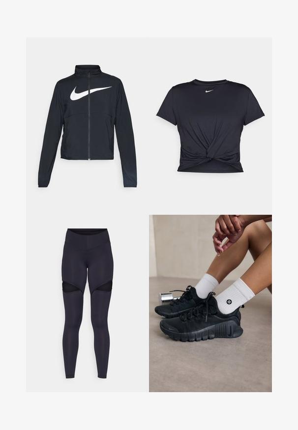 Černá sportovní bunda na zip s vysokým límcem, dlouhými rukávy a velkým bílým logem Nike swoosh přes prsa.; Černé sportovní tričko vyrobené z hladkého materiálu, s uzlovým designem vpředu a malým bílým logem Nike na hrudi.; Vysoké černé legíny s výřezy na stehnech, hladkou texturou a těsným střihem.; Černé sportovní boty s texturovanou látkou, šněrováním a výraznou podrážkou, v kombinaci s bílými žebrovanými ponožkami s malým logem.