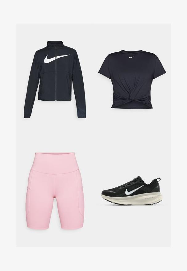 Jachetă sport neagră cu fermoar pe toată lungimea, guler înalt, mâneci lungi și un logo mare alb Nike swoosh pe piept.; Tricou sport negru din material neted, cu un design frontal legat și un mic logo Nike alb pe piept.; Shorts roz deschis cu talie înaltă, realizate dintr-un material elastic, având buzunare laterale și detalii de cusătură în contrast. Textură netedă.; Pantofii de alergare negri de la Nike, cu parte superioară din plasă respirabilă, logo-ul alb Swoosh, detalii texturate și o talpă intermediară ZoomX de culoare crem.