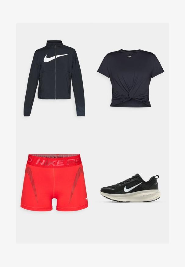 Sort fuld-zip sportsjakke med høj krave, lange ærmer og stort hvidt Nike swoosh-logo på brystet.; Sort atletisk t-shirt lavet af glat stof, med et knyttet frontdesign og et lille hvidt Nike-logo på brystet.; Røde atletiske shorts med et tætsiddende design, elastisk talje og grå skrå stribede detaljer. Fremstillet af et strækbart, glat stof.; Sort Nike løbesko med åndbart mesh-overdel, hvidt swoosh-logo, tekstureret detaljering og en cremede ZoomX mellemsål.