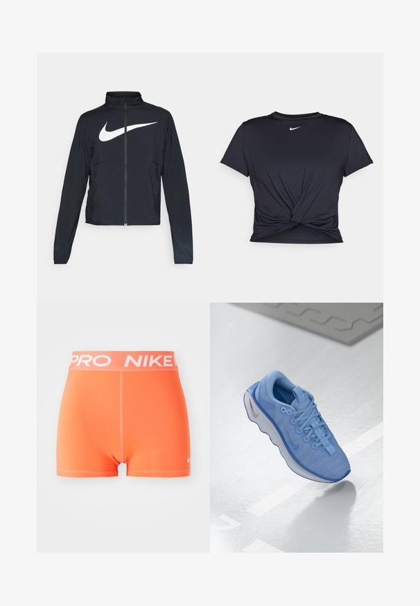 Sort fuld-zip sportsjakke med høj krave, lange ærmer og stort hvidt Nike swoosh-logo på brystet.; Sort atletisk t-shirt lavet af glat stof, med et knyttet frontdesign og et lille hvidt Nike-logo på brystet.; Nike Pro shorts i lys orange. Lavet i et glat, strækbart materiale med et hvidt logo og skrift på taljen. Har et minimalistisk design.; Lyseblå sneakers med en tekstureret mesh-overdel, snørebånd foran, polstret krave og en gennemskinnelig sål med bølgemønster. Sølvlogo detajle.